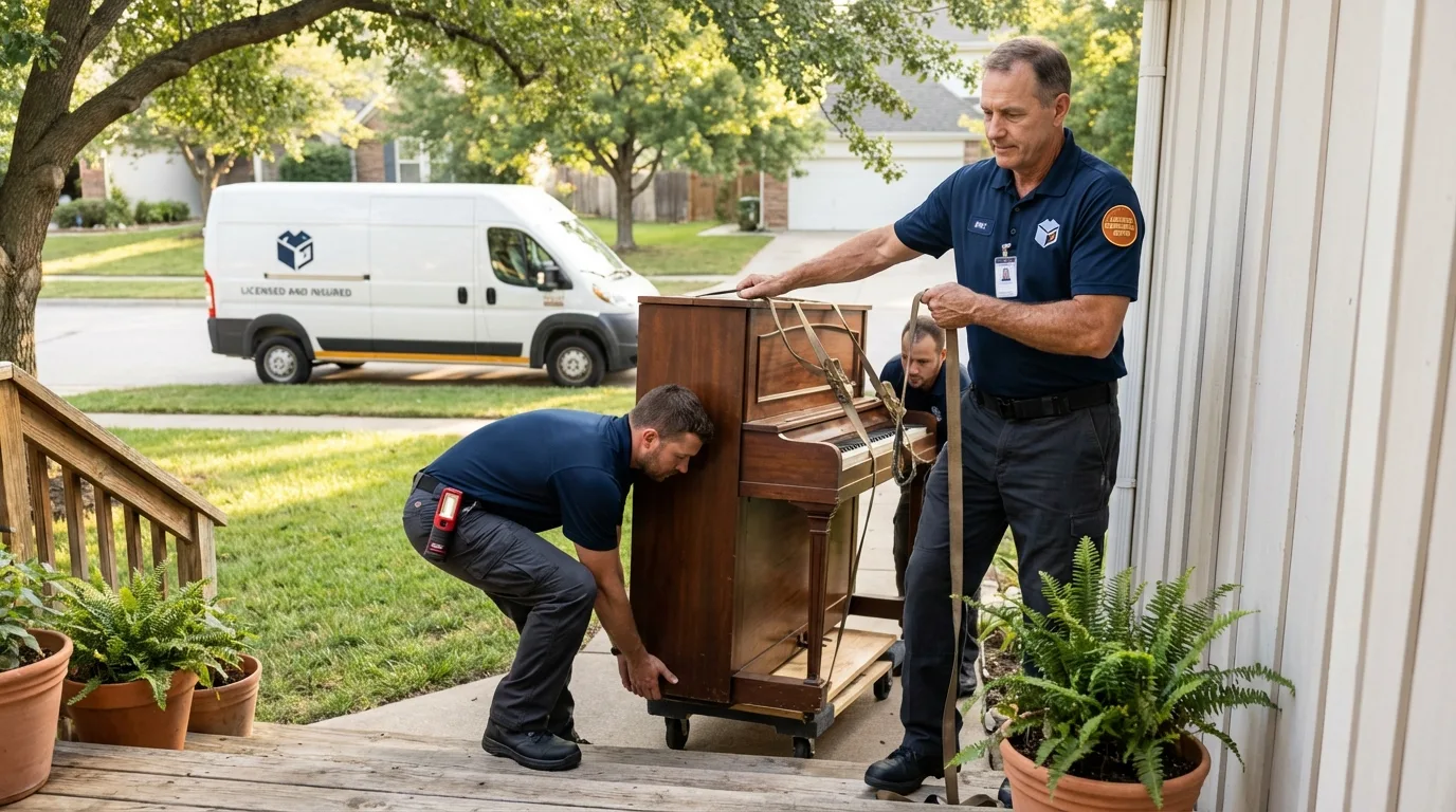 Licensed piano movers securing grand piano in Ludowici, GA