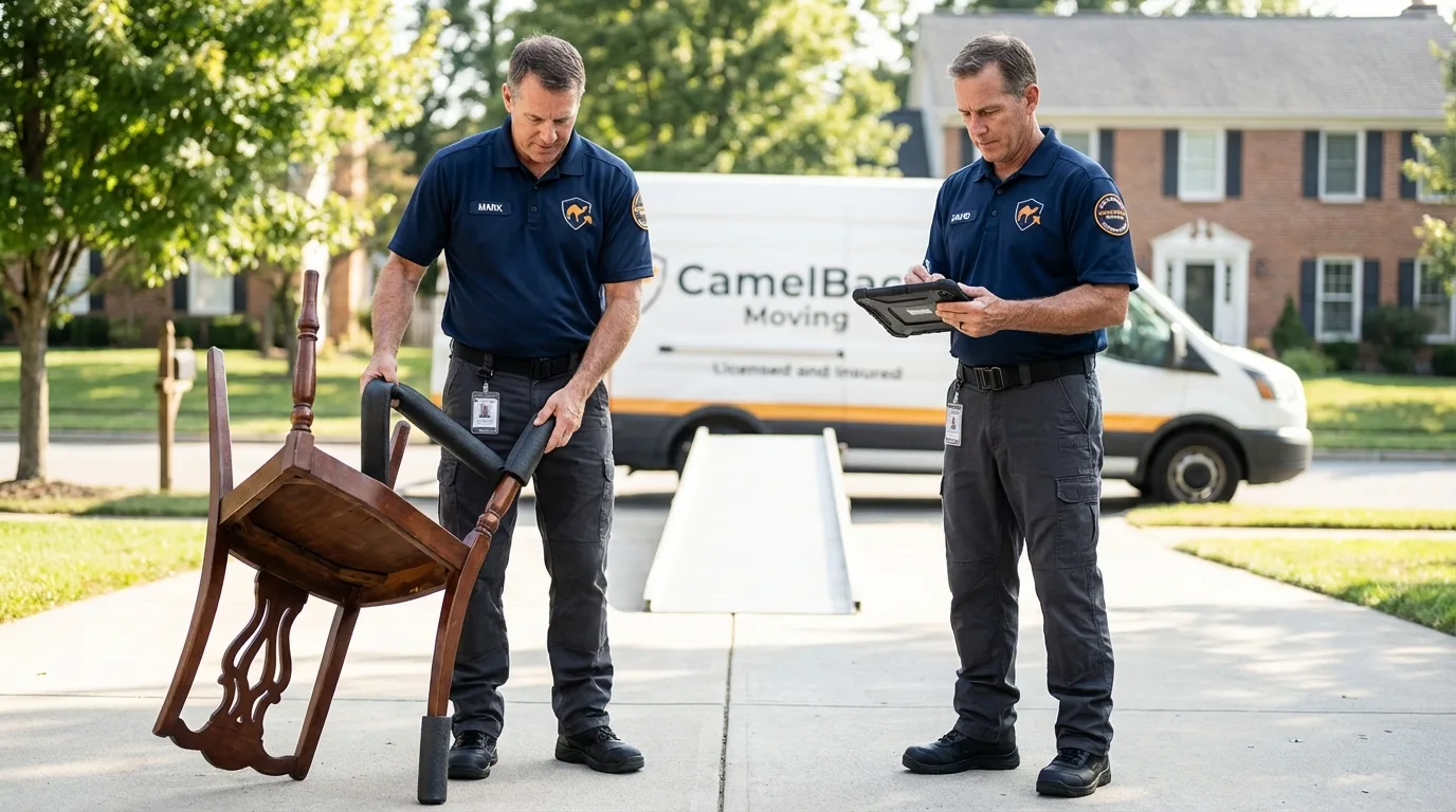 Movers inspecting furniture for damage prevention before loading in Ludowici, GA