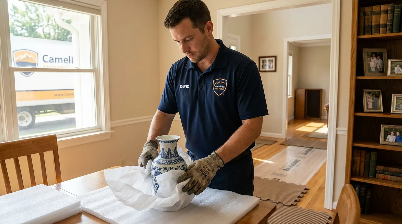 Professional crew carefully wrapping antique vase for senior downsizing move in Ludowici, GA